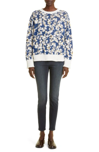 Shop Lafayette 148 Floral Jacquard Cashmere & Cotton Blend Sweater In Parisian Blue Multi