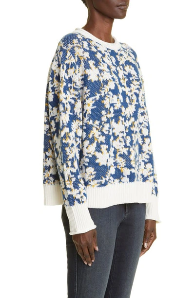 Shop Lafayette 148 Floral Jacquard Cashmere & Cotton Blend Sweater In Parisian Blue Multi