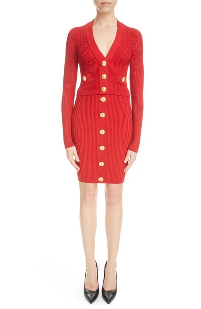 Shop Balmain Button Detail Rib Skirt In 3kb Bright Red