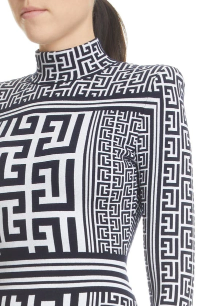 Balmain Monogram Jacquard Long Sleeve Sweater Dress In Ggd White/ Navy