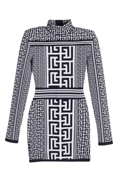Balmain Monogram Jacquard Long Sleeve Sweater Dress In Ggd White/ Navy
