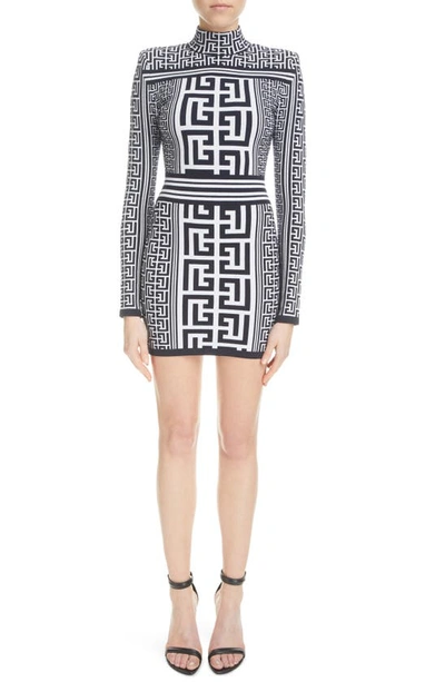 Balmain Monogram Jacquard Long Sleeve Sweater Dress In Ggd White/ Navy