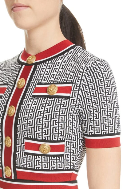 Shop Balmain Monogram Jacquard Short Sleeve Crop Sweater In Ejc Black Multi