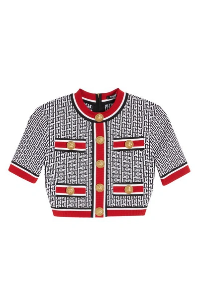 Shop Balmain Monogram Jacquard Short Sleeve Crop Sweater In Ejc Black Multi