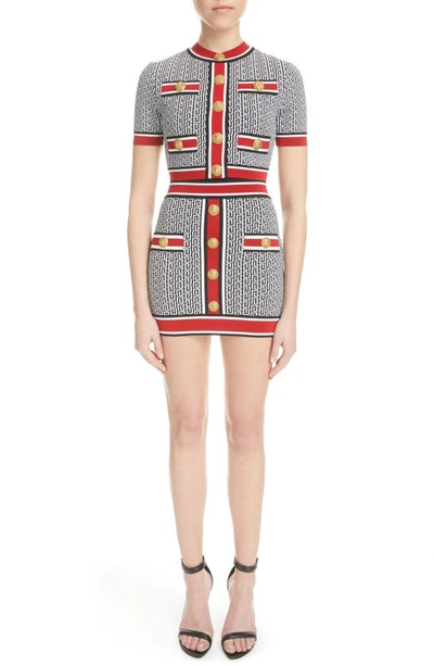 Shop Balmain Monogram Jacquard Short Sleeve Crop Sweater In Ejc Black Multi