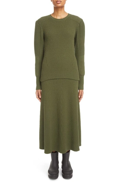 Shop Chloé Directional Rib Wool A-lline Skirt In 3f5-smoky Leaf