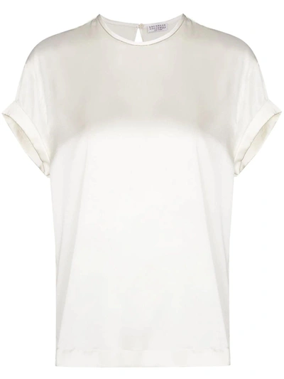 Shop Brunello Cucinelli White Stretch Silk T-shirt In Panna