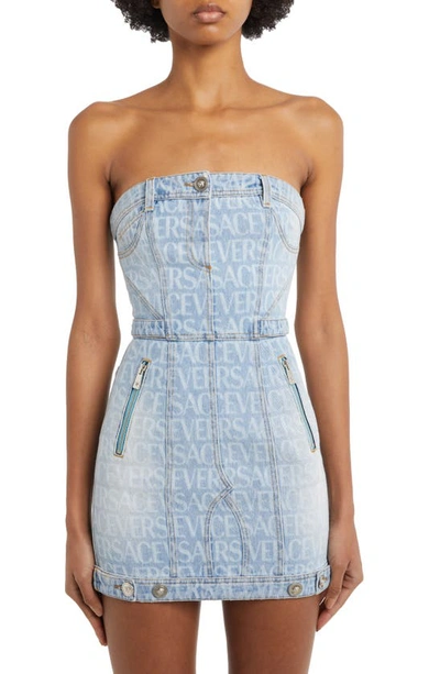 Shop Versace Logo Print Strapless Nonstretch Denim Dress In 1d190 Light Blue
