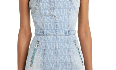 Shop Versace Logo Print Strapless Nonstretch Denim Dress In 1d190 Light Blue