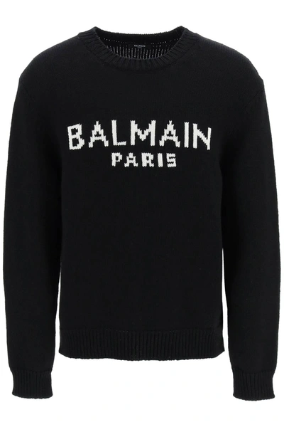 Shop Balmain Oversized Wool Logo Sweater In Noir Blanc (black)