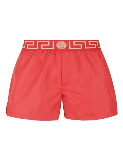 Shop Versace Elastic Logo Waist Swim Shorts In Red