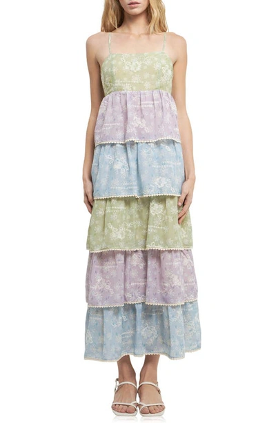 English Factory Floral Print Maxi Tiered Dress In Green Multi