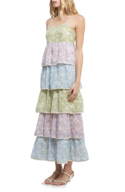 English Factory Floral Print Maxi Tiered Dress In Green Multi