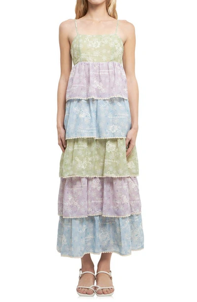 English Factory Floral Print Maxi Tiered Dress In Green Multi