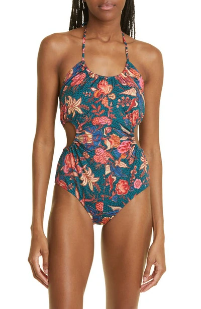 Shop Ulla Johnson Mabel Print Ruched Cutout One-piece Swimsuit In Delphinium