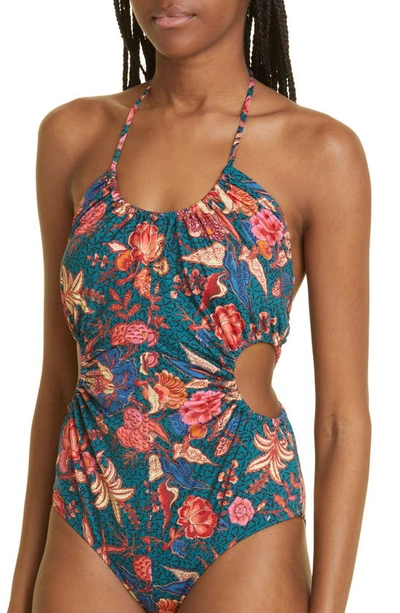 Shop Ulla Johnson Mabel Print Ruched Cutout One-piece Swimsuit In Delphinium