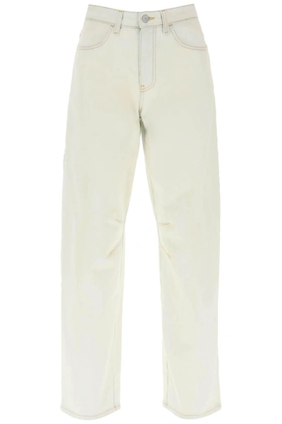 Shop Palm Angels Bull Denim Carrot Jeans In Off White Brown (white)