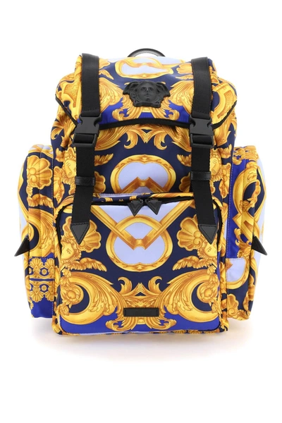 Shop Versace Barocco 660 Print Nylon Medusa Backpack In Navy Cobalt Gold Black Pa (blue)