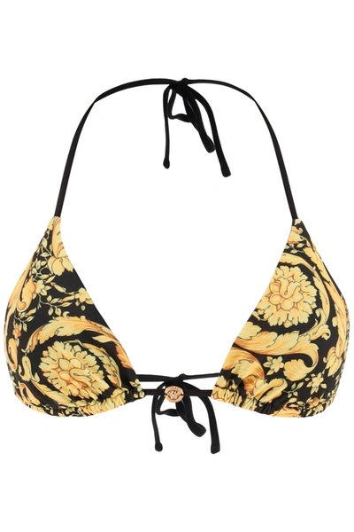 Shop Versace Barocco Triangle Bikini Top In Gold Print (yellow)