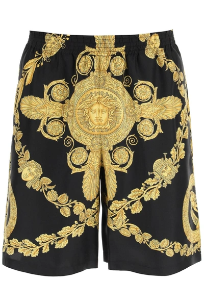 Shop Versace Maschera Baroque Silk Shorts In Black Gold (black)