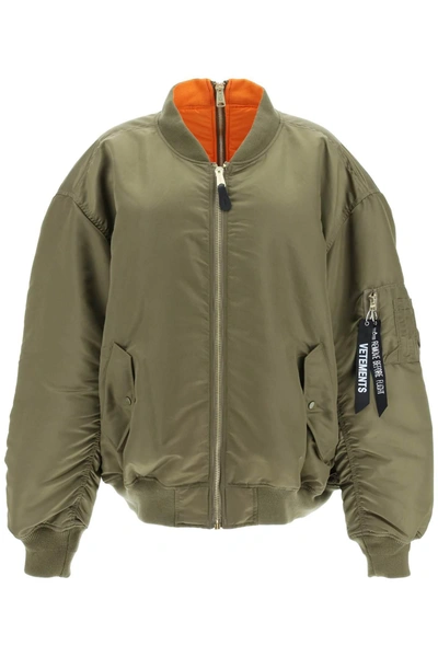 Shop Vetements Reversible Bomber Jacket With Double Zipper In Khaki (khaki)
