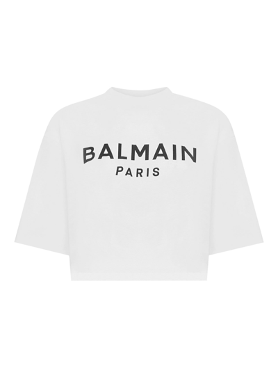 Shop Balmain Eco-responsible Cropped Cotton T-shirt With  Logo Print In White