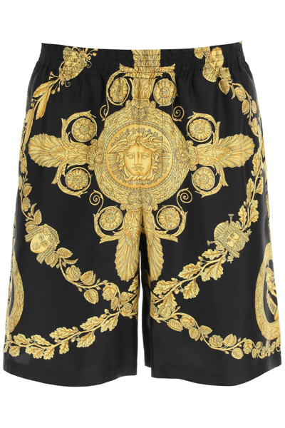 Shop Versace Maschera Baroque Silk Shorts In Nero E Oro