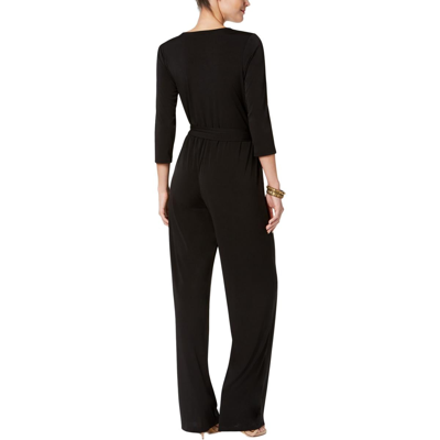 Shop Ny Collection Petites Womens V-neck Belted Jumpsuit In Black