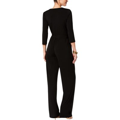 Shop Ny Collection Petites Womens V-neck Belted Jumpsuit In Black