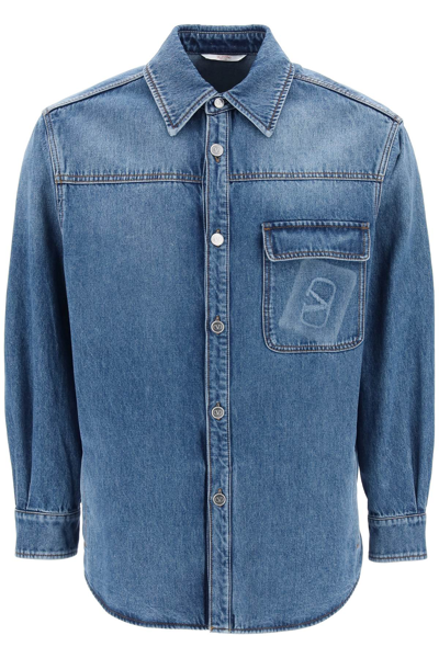 Shop Valentino Denim Overshirt With Stamped Vlogo Signature In Blue