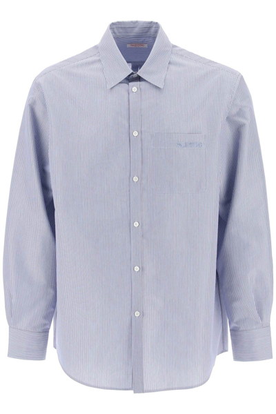 Shop Valentino Technical Cotton Shirt With Striped Motif In Light Blue