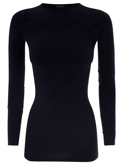 Shop Balenciaga Black Long Sleeved T-shirt With Logo Print All-over In Polyammide Man