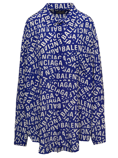 Shop Balenciaga Blue Shirt With All-over Logo Print In Silk Woman