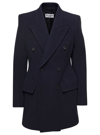 Shop Balenciaga Hourglass Blue Double-breasted Jacket With Peaked Revers In Brushed Wool Woman