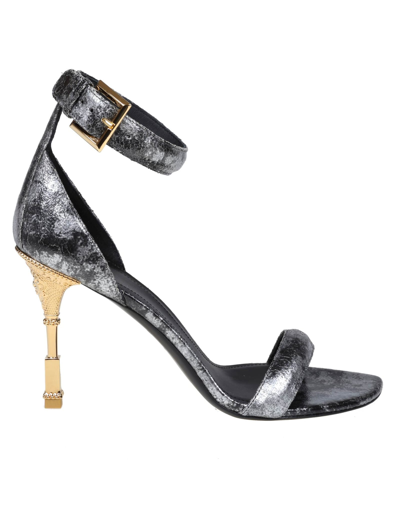 Shop Balmain Sandals Coin In Laminated Leather In Silver