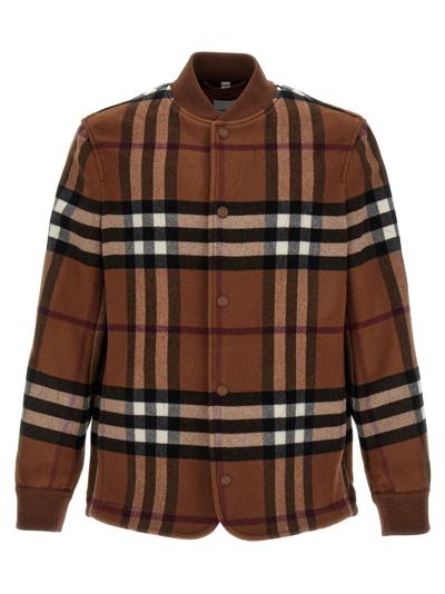 Shop Burberry Check Wool Bomber Jacket In Brown