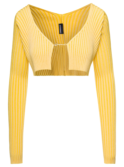 Shop Jacquemus La Maille Pralù Yellow Cropped Cardigan With Golden Logo In Stretch Viscose Woman