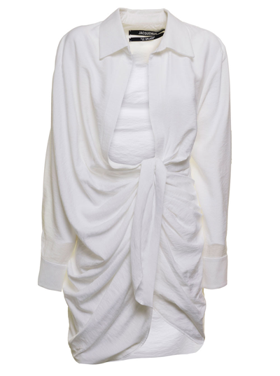 Shop Jacquemus La Robe Bahia White Short Draped Shirt Dress In Viscose Woman