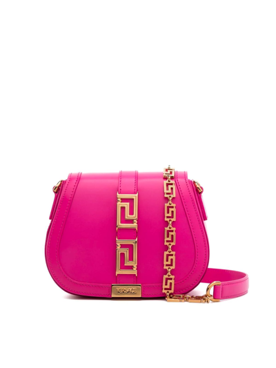 Shop Versace Small Shoulder Calf Leather Bag In V Glossy Pink  Gold