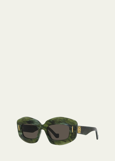 Shop Loewe Emerald Green Acetate Rectangle Sunglasses With Golden Accents In Sdkgrn/brn
