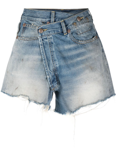 Shop R13 Crossover Distressed Denim Shorts In Blue