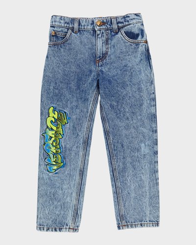 Shop Versace Boy's Graffiti Logo-print Jeans In Medium Bluelight