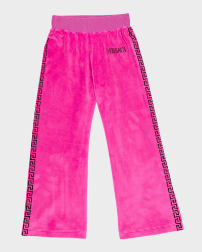 Shop Versace Girl's Crystal Greca Velour Sweatpants In Fuxiablack
