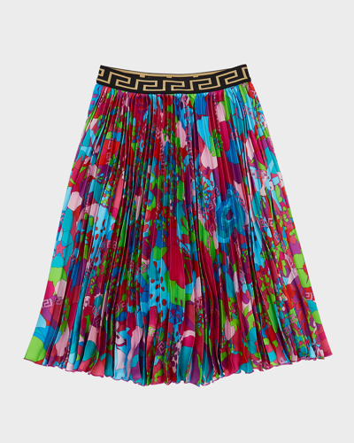 Shop Versace Girl's Floral-print Twill Pleated Skirt In Light Blue