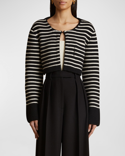 Shop Khaite Calix Stripe Crop Cashmere Cardigan In Black / Magnolia