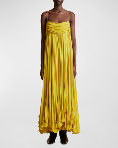 Shop Khaite Lally Pleated Chiffon Dress In Chartreuse