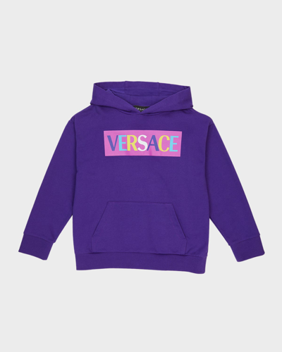 Shop Versace Girl's Color Block Logo-print Fleece Hoodie In Purplemulticolor