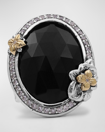 Shop Stephen Dweck Garden Of Stephen Faceted Black Onyx Ring In Sterling Silver With 18k Gold Flowers And Diamonds