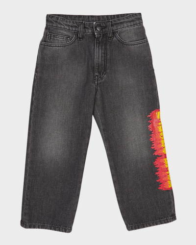 Shop Palm Angels Boy's Flames Logo-print Medium Wash Jeans In Black Red