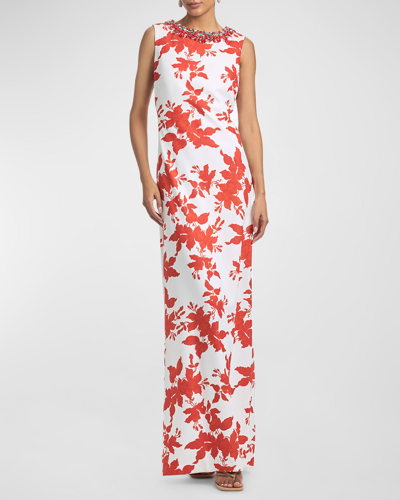 Shop Sachin & Babi Juliana Embellished Floral-print Column Gown In Coral Narcissus